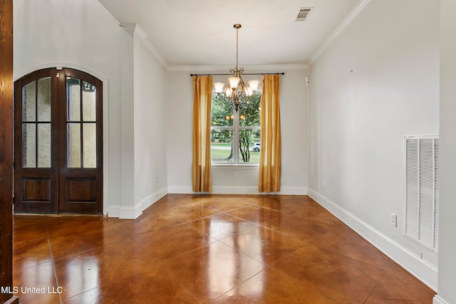 unfurnished dining area with french doors, ornamental molding, and a notable chandelier