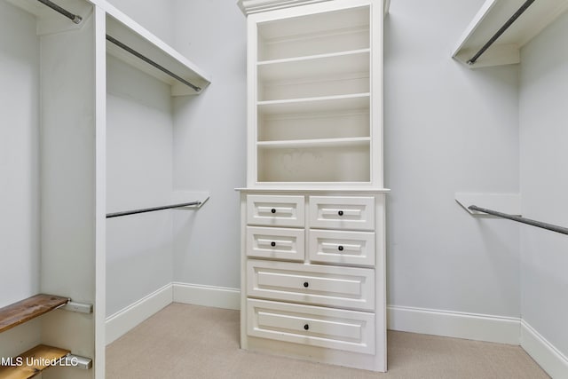 walk in closet with light colored carpet