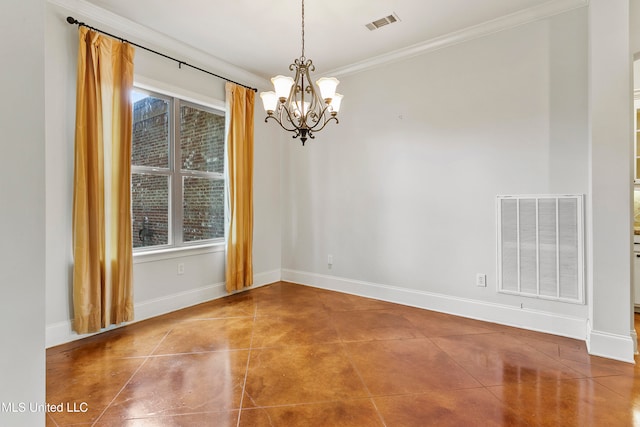 empty room with tile patterned floors, a notable chandelier, and crown molding