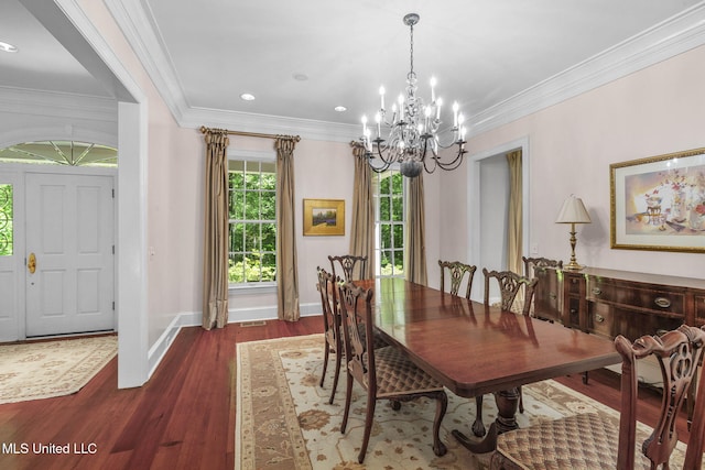 169 Pine Hill Dr, Brandon, MS 39047 - dining space with a chandelier, dark wood-style flooring, ornamental molding, and recessed lighting