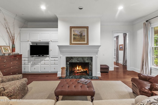 169 Pine Hill Dr, Brandon, MS 39047 - living room with dark wood-type flooring, a fireplace, ornamental molding, and recessed lighting