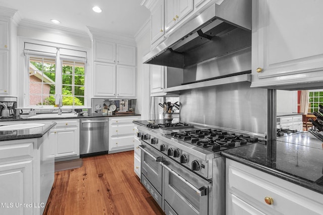 169 Pine Hill Dr, Brandon, MS 39047 - kitchen featuring appliances with stainless steel finishes, range hood, white cabinets, crown molding, and wood finished floors