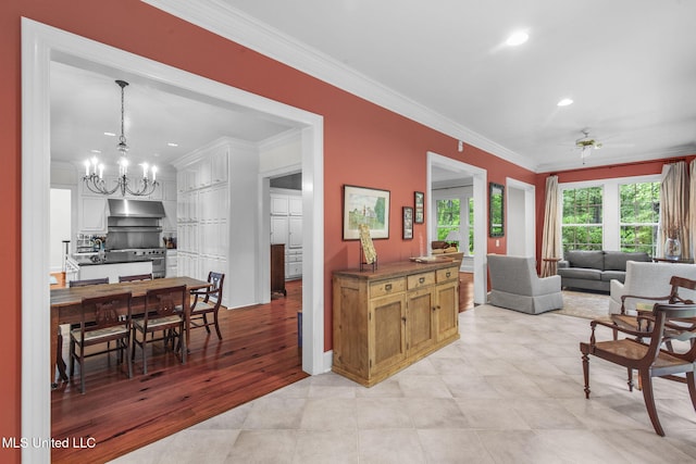 169 Pine Hill Dr, Brandon, MS 39047 - living area with crown molding, a chandelier, a ceiling fan, and recessed lighting