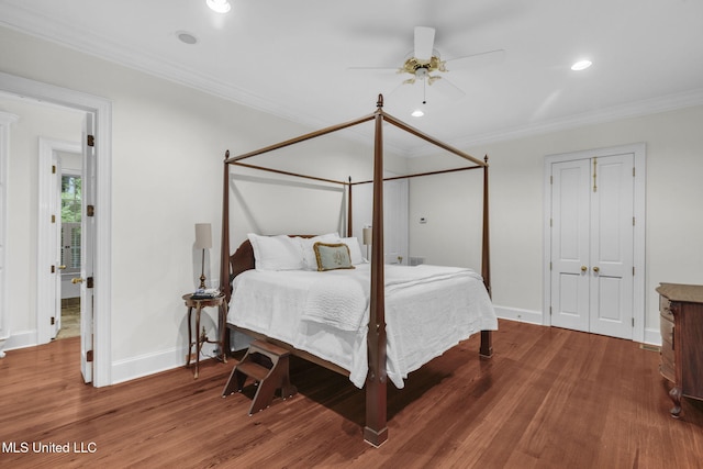 169 Pine Hill Dr, Brandon, MS 39047 - bedroom with crown molding, wood finished floors, recessed lighting, and ceiling fan