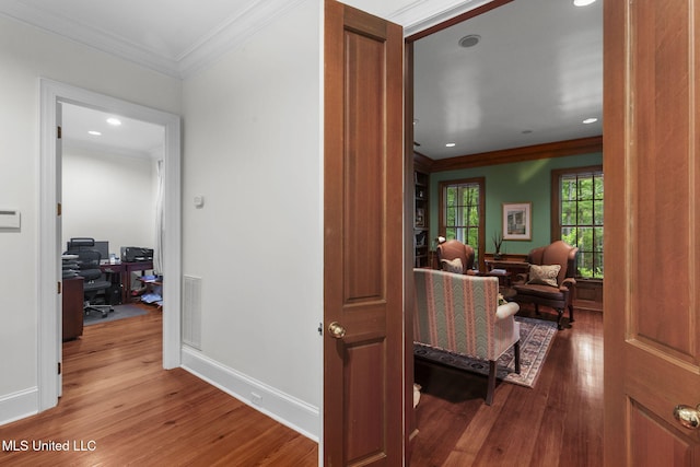 169 Pine Hill Dr, Brandon, MS 39047 - hallway with a desk, wood finished floors, crown molding, and recessed lighting