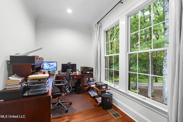 169 Pine Hill Dr, Brandon, MS 39047 - office space featuring wood finished floors, ornamental molding, and healthy amount of natural light