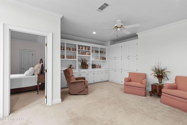 169 Pine Hill Dr, Brandon, MS 39047 - living area featuring light colored carpet, a ceiling fan, ornamental molding, and recessed lighting