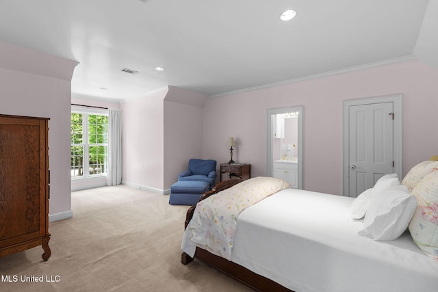 169 Pine Hill Dr, Brandon, MS 39047 - bedroom with carpet flooring, ornamental molding, connected bathroom, and recessed lighting