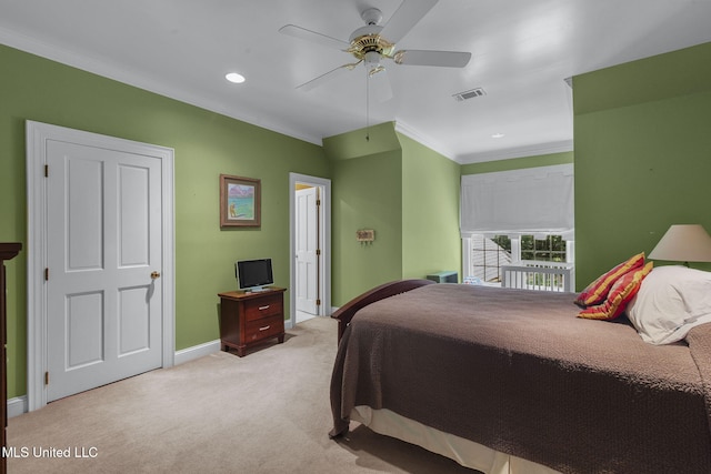 169 Pine Hill Dr, Brandon, MS 39047 - carpeted bedroom featuring ornamental molding, recessed lighting, and a ceiling fan