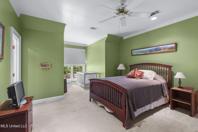169 Pine Hill Dr, Brandon, MS 39047 - bedroom featuring crown molding, light colored carpet, and ceiling fan