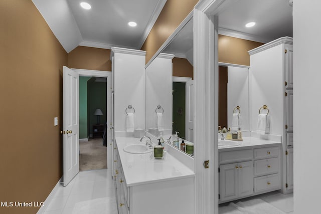 169 Pine Hill Dr, Brandon, MS 39047 - full bathroom featuring vanity, ornamental molding, tile patterned flooring, and recessed lighting
