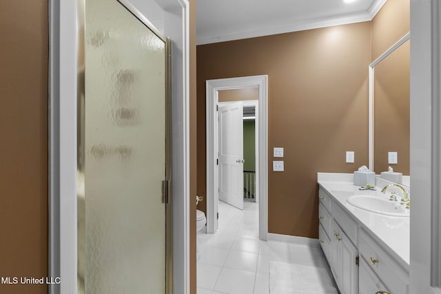 169 Pine Hill Dr, Brandon, MS 39047 - bathroom with vanity, a shower stall, ornamental molding, and tile patterned floors