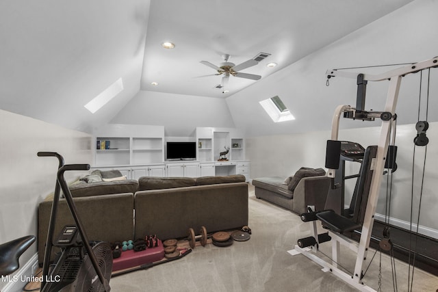 169 Pine Hill Dr, Brandon, MS 39047 - exercise room with a skylight, vaulted ceiling, ceiling fan, light carpet, and recessed lighting