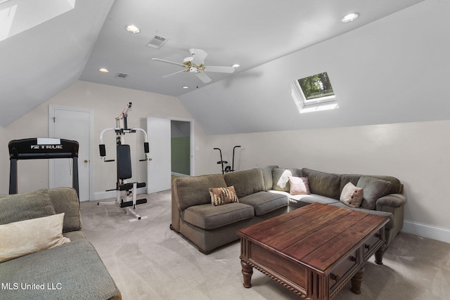 169 Pine Hill Dr, Brandon, MS 39047 - living room with a skylight, light carpet, vaulted ceiling, recessed lighting, and ceiling fan