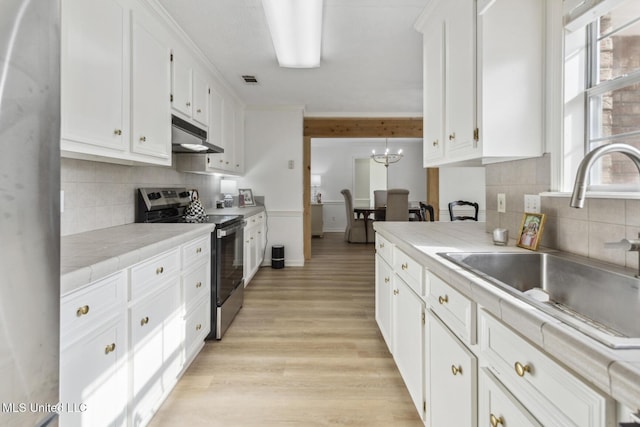 kitchen with sink, white cabinetry, stainless steel electric range oven, light wood-type flooring, and tile counters