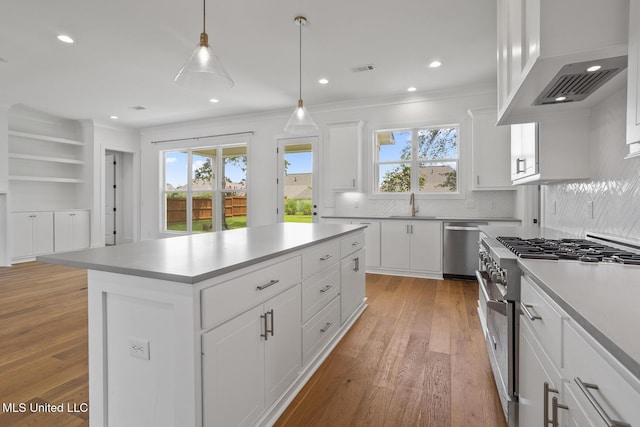 119 Paylors Way, Madison, MS 39110 - kitchen with appliances with stainless steel finishes, range hood, light wood finished floors, backsplash, and ornamental molding