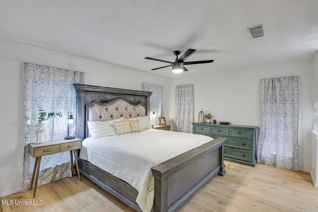 bedroom with ceiling fan and light wood-type flooring