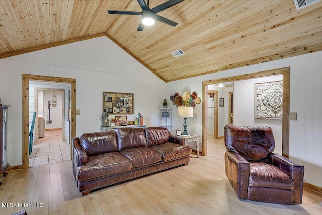 living room featuring vaulted ceiling, ceiling fan, light wood-type flooring, and wooden ceiling