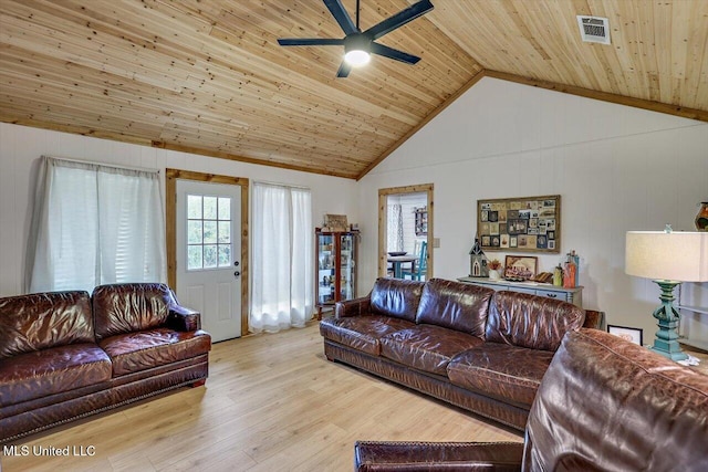 living room featuring wood ceiling, lofted ceiling with beams, light wood-type flooring, and ceiling fan