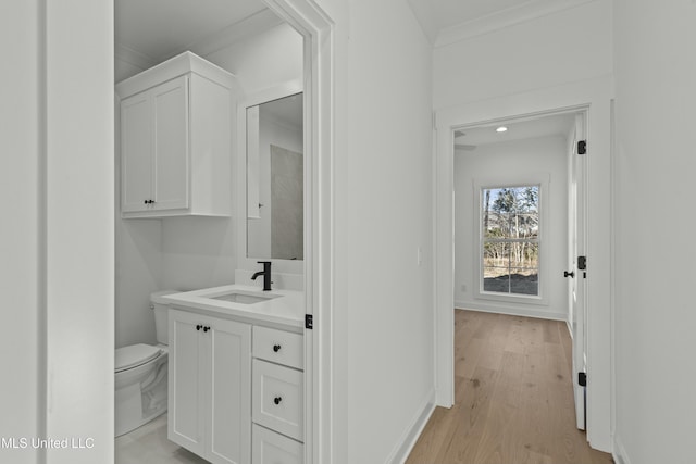 bathroom with hardwood / wood-style flooring, vanity, and toilet