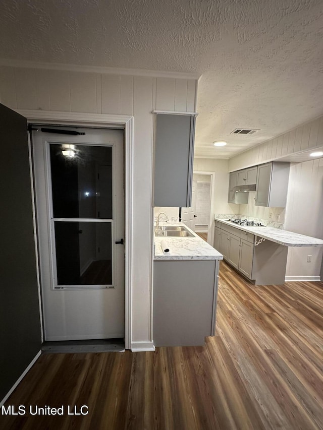 138 William Mckinley Cir, Jackson, MS 39213 - kitchen with gray cabinets, a sink, a textured ceiling, wood finished floors, and stainless steel gas stovetop
