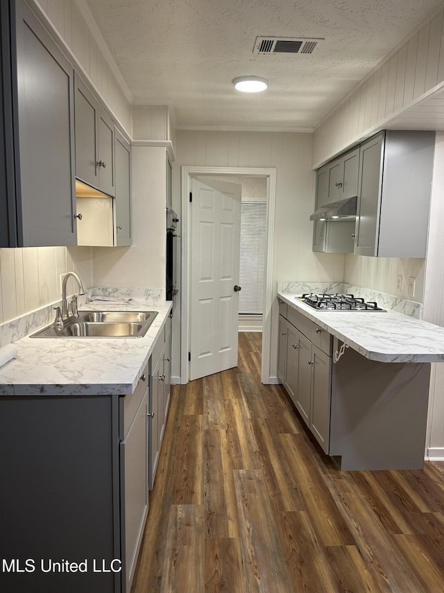 138 William Mckinley Cir, Jackson, MS 39213 - kitchen with gray cabinets, stainless steel gas cooktop, a sink, a textured ceiling, and exhaust hood