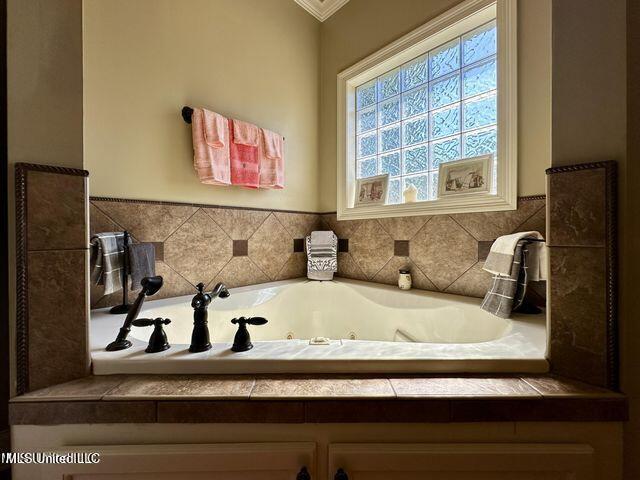 139 Glen Auburn Dr, Clinton, MS 39056 - full bathroom with a jetted tub and crown molding