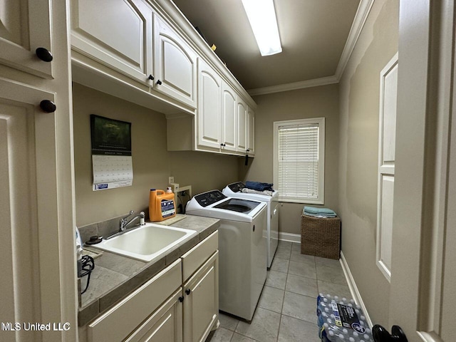 139 Glen Auburn Dr, Clinton, MS 39056 - washroom with washer and clothes dryer, cabinet space, crown molding, light tile patterned flooring, and baseboards