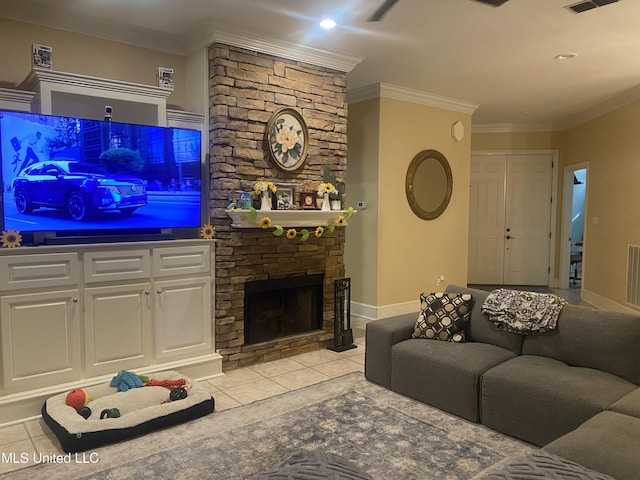 living area with a fireplace, visible vents, baseboards, light tile patterned flooring, and ornamental molding