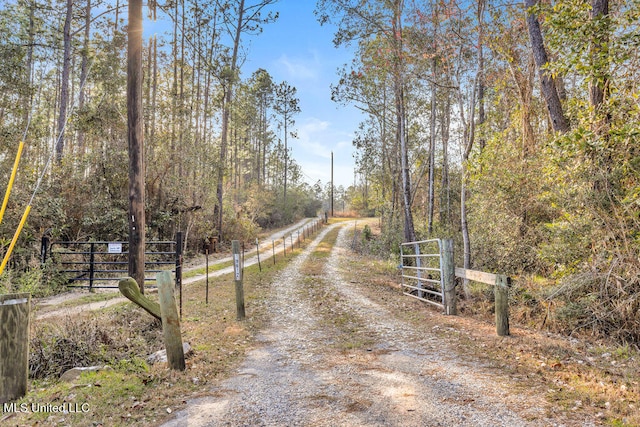 view of road with a gate and a forest view