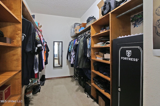 walk in closet with light colored carpet