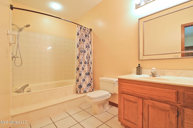 full bathroom with toilet, shower / bath combination with curtain, vanity, and tile patterned flooring