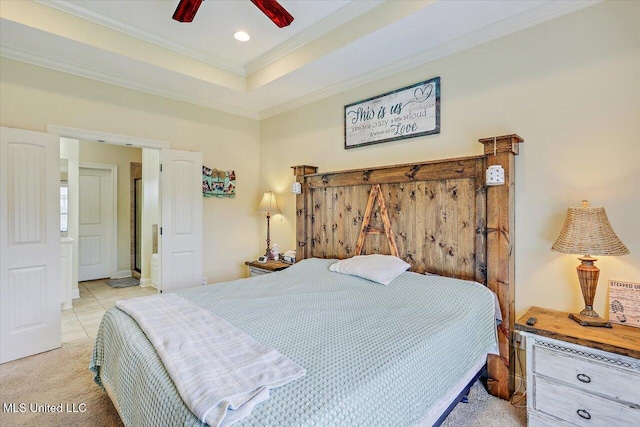 bedroom featuring recessed lighting, light tile patterned floors, ornamental molding, light carpet, and ceiling fan