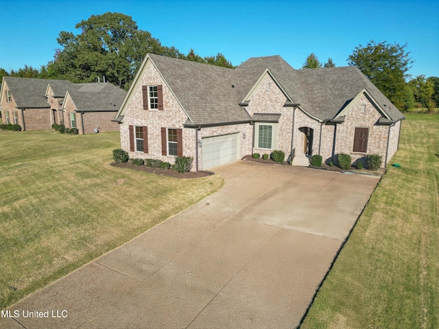 french country inspired facade featuring a front lawn, brick siding, driveway, roof with shingles, and an attached garage
