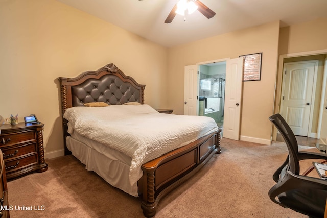bedroom featuring ceiling fan, carpet, and baseboards