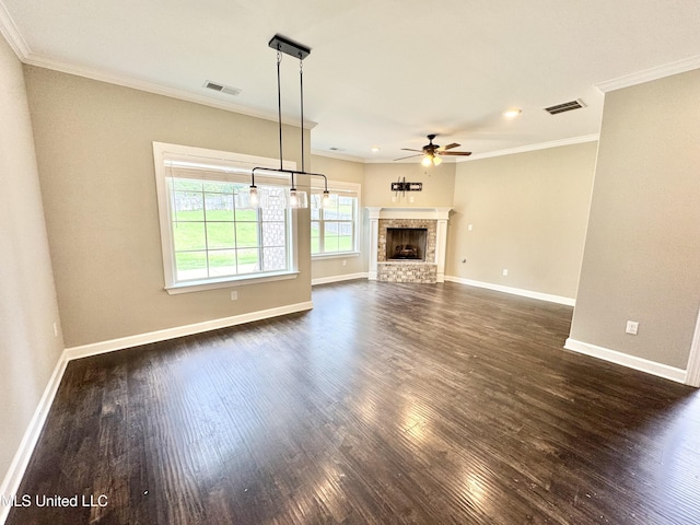 3464 Delaney Dr, Nesbit, MS 38651 - unfurnished living room with a ceiling fan, dark wood-style floors, baseboards, crown molding, and a brick fireplace