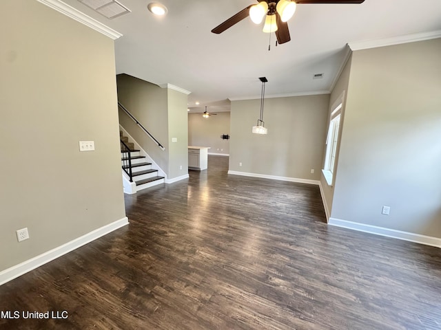 3464 Delaney Dr, Nesbit, MS 38651 - unfurnished living room with ceiling fan, ornamental molding, baseboards, stairs, and dark wood-type flooring