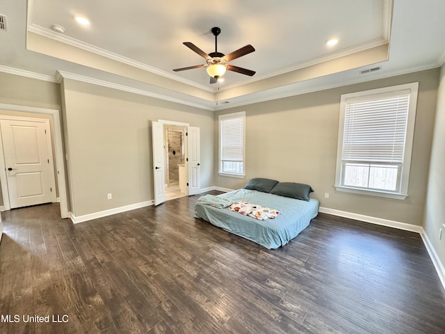 3464 Delaney Dr, Nesbit, MS 38651 - bedroom with a raised ceiling, dark wood-style floors, crown molding, and multiple windows