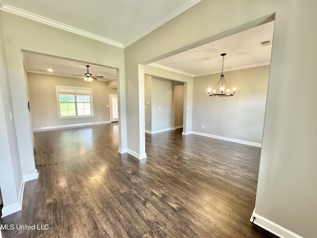 3464 Delaney Dr, Nesbit, MS 38651 - unfurnished room featuring a chandelier, ornamental molding, dark wood-type flooring, baseboards, and a ceiling fan