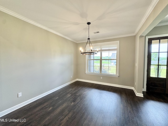 3464 Delaney Dr, Nesbit, MS 38651 - unfurnished room with baseboards, a chandelier, dark wood-style flooring, and crown molding