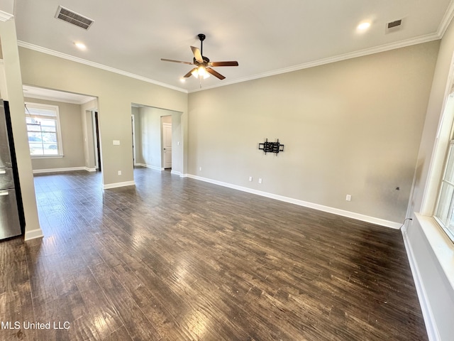 3464 Delaney Dr, Nesbit, MS 38651 - empty room with ceiling fan, dark wood-type flooring, crown molding, and baseboards