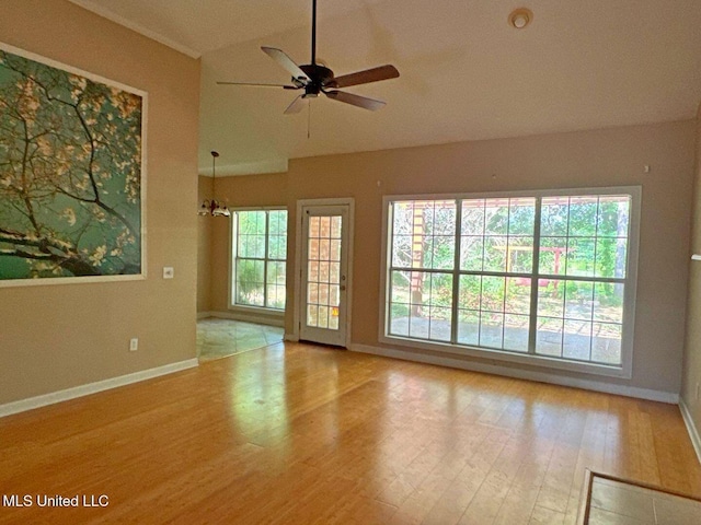 104 Warrior Ln, Clinton, MS 39056 - empty room featuring baseboards, wood finished floors, ceiling fan, and lofted ceiling