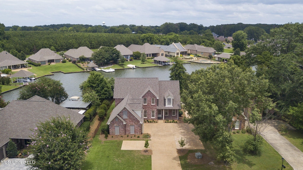 drone / aerial view featuring a water view