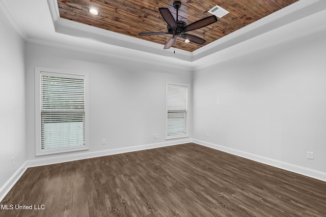 unfurnished room featuring a tray ceiling, crown molding, dark wood-style flooring, and wooden ceiling