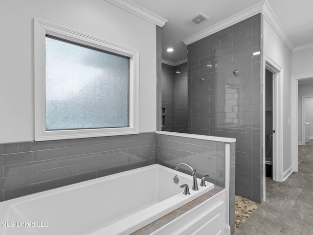 full bathroom with visible vents, walk in shower, a garden tub, ornamental molding, and recessed lighting