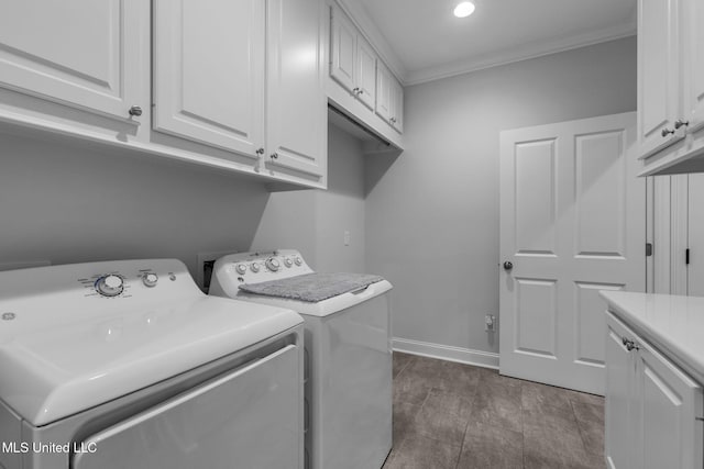 washroom with baseboards, washing machine and clothes dryer, recessed lighting, cabinet space, and crown molding