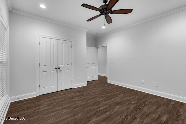 unfurnished bedroom with crown molding, recessed lighting, baseboards, and dark wood-style flooring