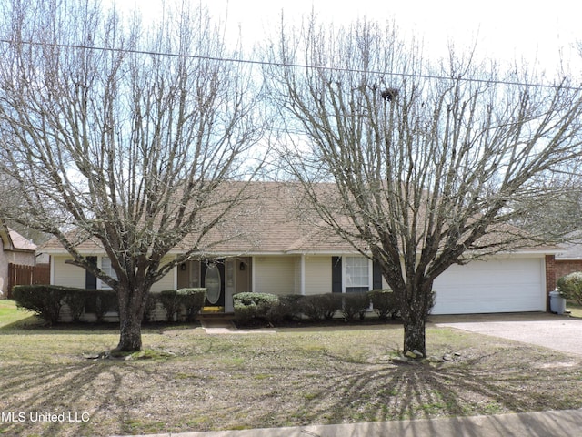 ranch-style house featuring a garage, a shingled roof, brick siding, driveway, and a front lawn