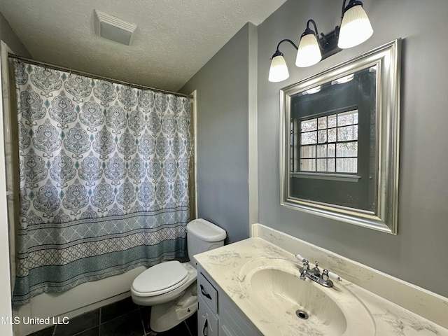 full bath featuring visible vents, toilet, vanity, a textured ceiling, and tile patterned floors