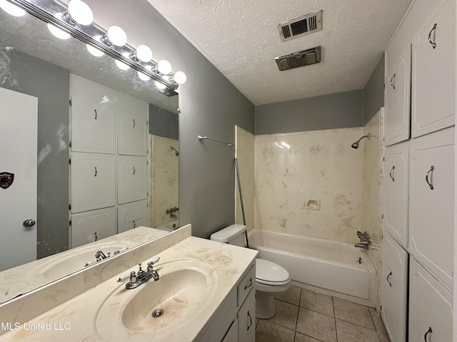 bathroom featuring visible vents, toilet, tile patterned flooring, a textured ceiling, and shower / washtub combination